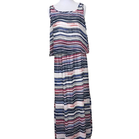 Robert Louis Maxi Dress Tiered Stripes Sleeveless Flowy Chiffon Size Large - Picture 1 of 7